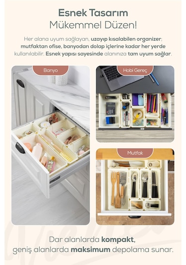 8'li Set Ayarlanabilir Çekmece Içi Düzenleyici Kutu Uzayıp Kısalabilen Organizer Seti 4a2b1c1d Krem