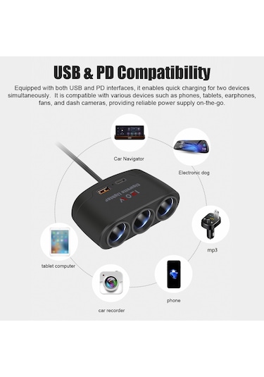 3'ü 1 Arada Araba Çakmak Fişi Ayırıcı 120w Usb+pd Hızlı Şarj Adaptörü 3 Soketli Güç Ayırıcı 12-24v Araba Kamyon Suv İçin