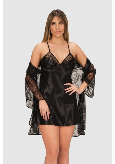 Nbb Kadın Siyah Dantelli Saten Gecelik Sabahlık Takımı Siyah