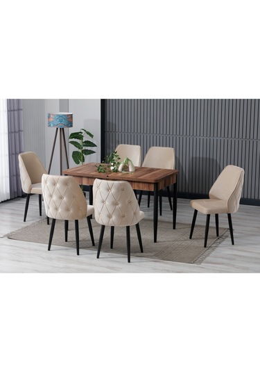 Elas Ahşap Desen 80x132 Açılabilir Mdf Masa Yemek Odası Takımı Mutfak Takımı 6 Sandalyeli Bej