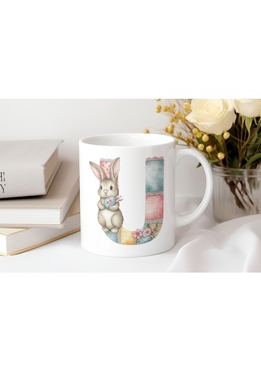 U Harfli Tavşan Kupa - Patchwork / Yamalı Desenli İsme Özel Kupa - Pastel Vintage Tarz Hediyelik Beyaz