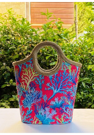 Jüt Hasır Rengarenk Mercan Plaj Çantası Çok Renkli