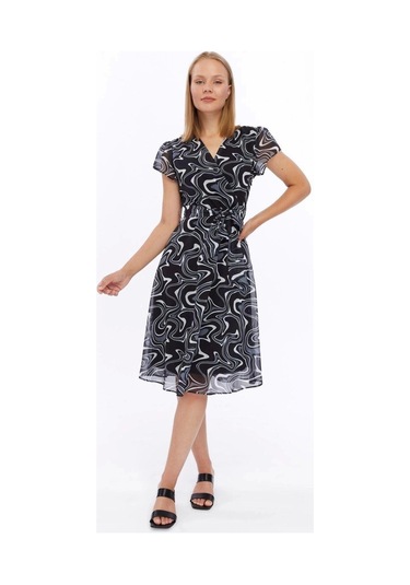 Apsen Kadın Gri Desen Kruvaze Yaka Midi Boy Şifon Elbise 4445-110 Gri