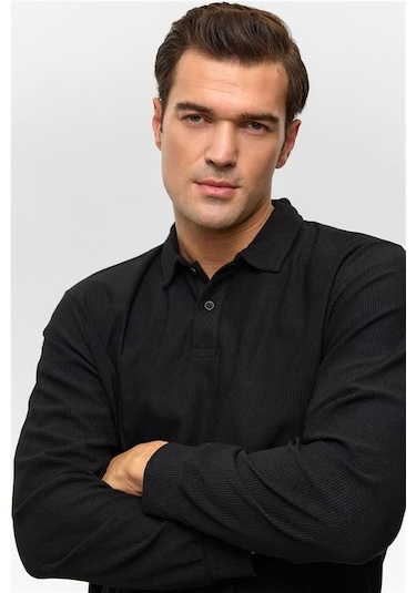 SÜVARİ Siyah Regular Düz Polo Yaka Sweatshirt Siyah