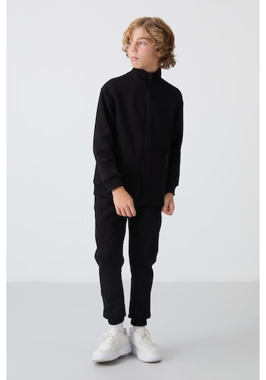 Tommy Life Siyah Pamuklu Kalın İçi Tüylü Yumuşak Dokulu Standart Fit Nakışlı Erkek Çocuk Eşofman Takım - 11240 Siyah