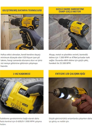 Stanley 18v 2.0ah V20 Li-ıon Çift Akülü Kömürsüz Darbeli Matkap Sbd715d2k-tr