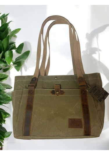 Vintage Salaş Design Su Geçirmez Kanvas Deri Günlük Okul Gezi Omuz Kol Çantası 35x28cm Camel