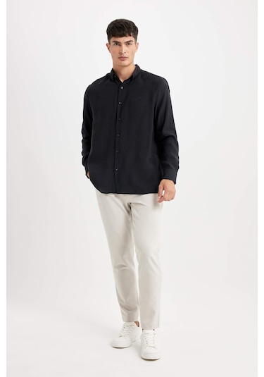DeFacto Relax Fit Polo Yaka Poplin Modal Basic Düz Uzun Kollu Gömlek C4131AX24SMBK27 DeFacto Relax Fit Polo Yaka Poplin Modal Basic Düz Uzun Kollu Gömlek C4131AX24SMBK27