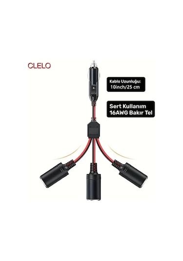 Boatshop1 Clelo 1den 3e Siyah Araba Sigara Cakmagi Bolucu Adaptor Guc Sarj Portu 12v 24v Fis Soketi 3 Yollu Bolucu 25.4 Cm Uzatma Kablosu 16awg 15a Sigorta