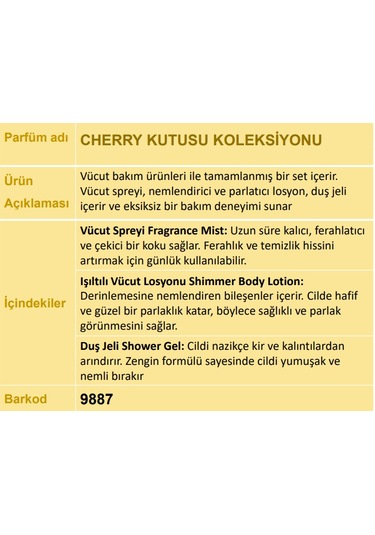 Nurxos 9887 Cherry Kiraz Hediyelik Kutulu 3'lü Set Vücut Spreyi & Losyon & Duş Jeli