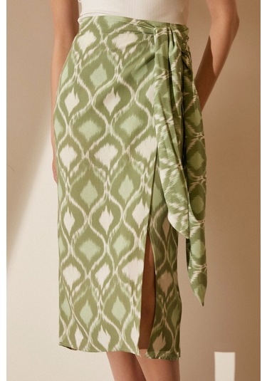 Never More Yırtmaçlı Desen Etek Yeşil