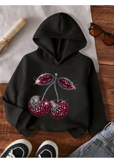 Kışlık Kapüşonlu Sweatshirt, Çocuk Pırlanta Kiraz Baskılı SiYAH