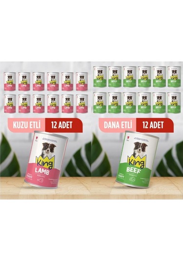 King Sos İçerisinde Et Parçacıklı Kuzu Etli Ve Dana Etli Köpek Konservesi 400 Gr 24 Adet