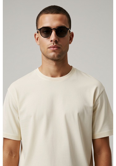 Erkek Oversize Basic Tişört Unisex %100 Pamuk Rahat Kalıp Krem