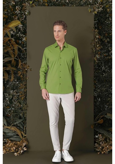 Gk 709 Slim Fit Yeşil Klasik Gömlek Yeşil