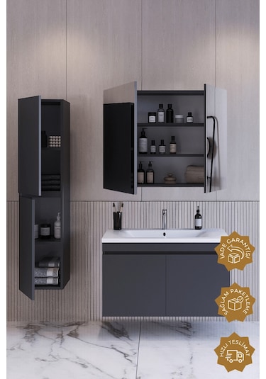 Teta Home Tokyo 80 Cm Mdf Banyo Dolabı Seti +boy Dolabı Antrasit Antrasit