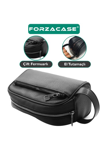 Unisex Suni Deri 2 Gözlü Günlük Tıraş Makyaj El Çantası - Fc706 Siyah