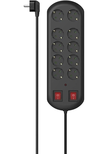 Hama 10'lu Akım Korumalı Priz, 2 Switches 2 Metre, Siyah
