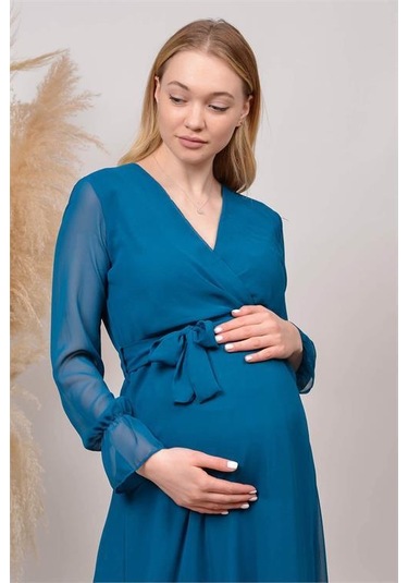 Kadın Yeni Sezon Kruvaze Yaka Şifon Hamile Elbise Hml003 Petrol Mavisi