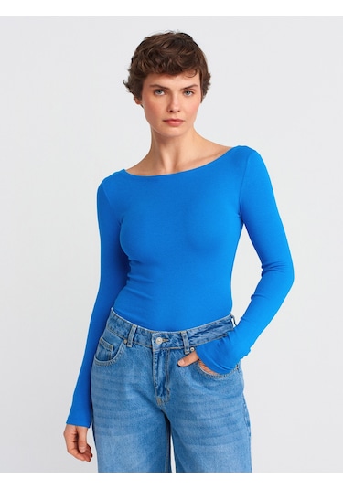 Dilvin 31332 Kayık Yaka Uzun Kollu Top-saks Saks