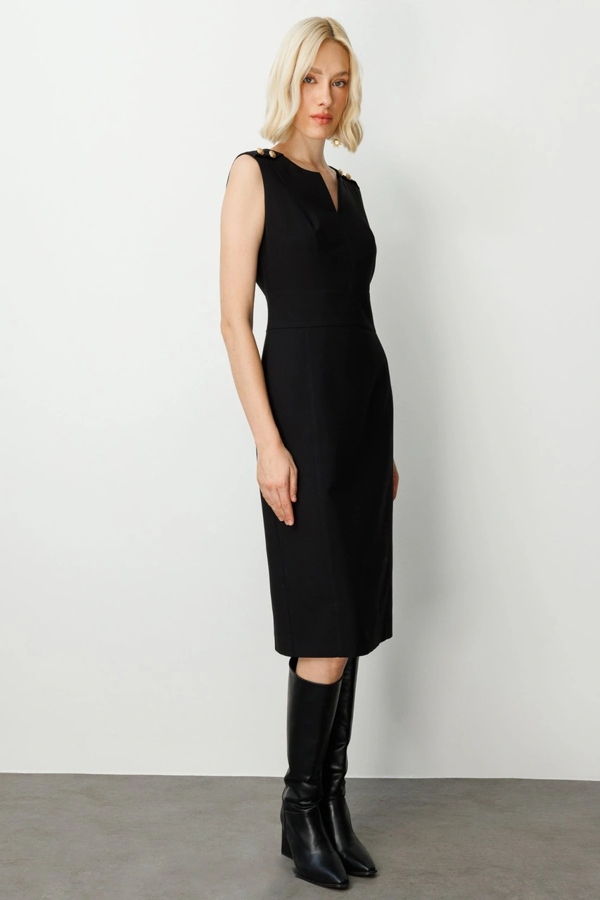 Ekol Kadın Süs Düğme Detaylı Kolsuz Elbise 4015 Siyah Siyah