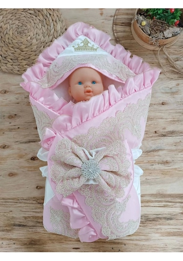 Yenidoğan Grand Lüks Kelebek Ağır Güpür İşlemeli Şapkalı Bebek Battaniyesi Kundak Pembe Pembe