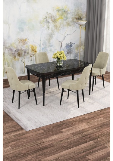 Mona Siyah Mermer 80x132 Açılabilir Mdf Masa Yemek Odası Takımı, Mutfak Takımı 4 Adet Sandalye Siyah Mermer - 4 Krem - Siyah Ayak Mona Siyah Mermer 80x132 Açılabilir Mdf Masa Yemek Odası Takımı, Mutfak Takımı 4 Adet Sandalye Siyah Mermer - 4 Krem - Siyah Ayak