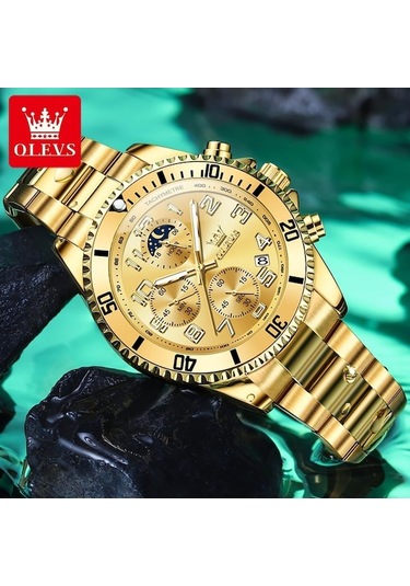 Novahub Yeni Moda Lüks Quartz Saat Erkek Üç Göz Kronograf Kadran Paslanmaz Çelik Su Geçirmez Işıklı İş Saati Altın - Yeşil Altın - Yeşil