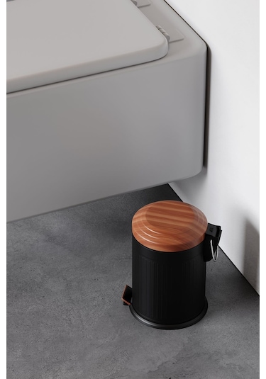 Zift Unique Mat Siyah Çöp Kovası- Vintage Model Ahşap Desenli 5lt Kovalı Çöp Kutusu, Amortisörlü Çöplük Siyah