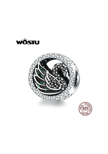 Wostu 925 Ayar Gümüş Siyah Kuğu Boncuk Zirkon Yuvarlak Takılar Fit Bilezik Kolye Takı Gümüş