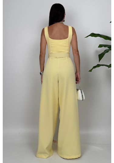 Noir Flow Kadın Sarı Kemerli Askılı Bol Paça Tulum Zarif Şıklık Sarı
