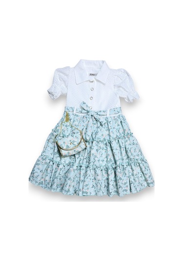 Çantalı Çiçekli Kız Çocuk Elbise Yeşil