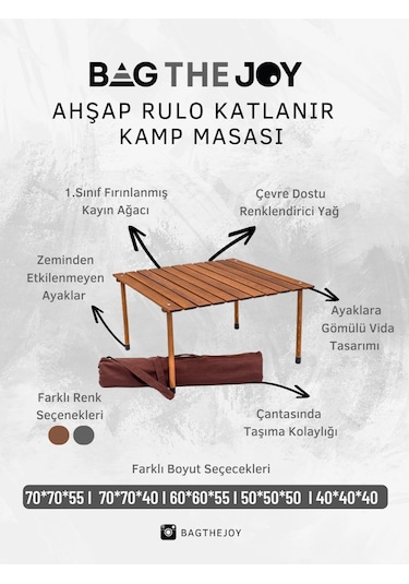 Bag The Joy 70 x 70 x 40 CM Ahşap Katlanır Kamp Masası - Kahverengi