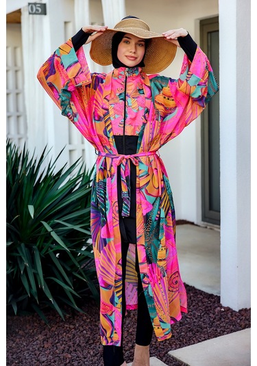 Remsa Tesettür Mayo Üzerine Tek Kaftan Kimono Pareo Pembe02 Rp023 Color Shell Pembe