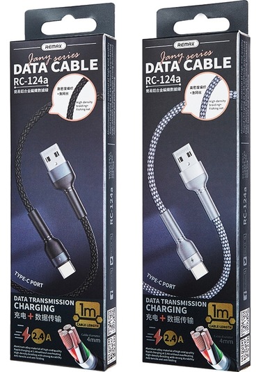 Remax Rc-124a 1m 2.4a Usb-c / Tip-c Alüminyum Alaşımlı Örgü Hızlı Şarj Veri Kablosu Siyah