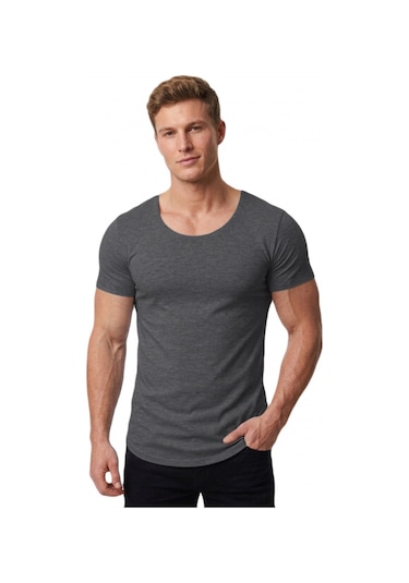 Deepsea Erkek Antrasit Slim Fit %90 Pamuk Açık Yaka Oval Kesim Likralı Basic Tişört 1801199