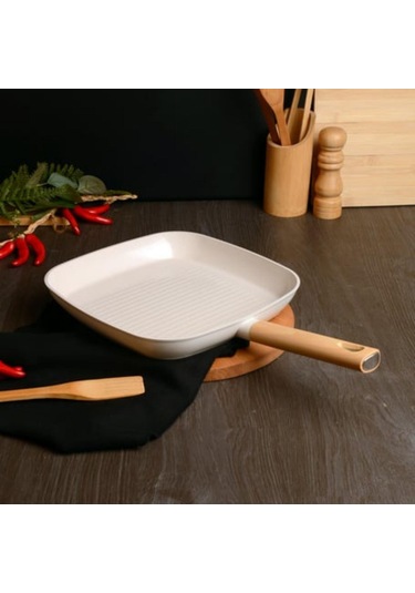 Belarıva 28 Cm Beyaz Ahsap Saplı Izgara Tava Beyaz - Siyah