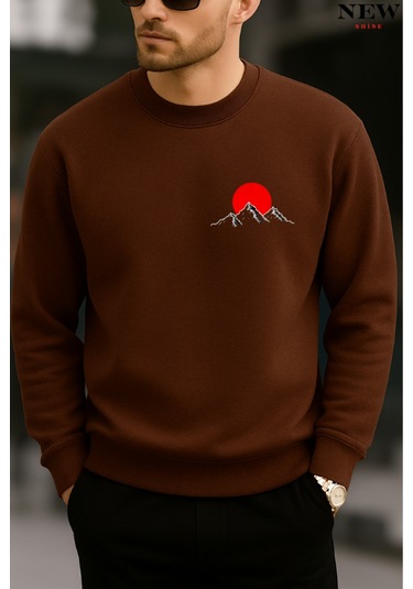 Kırmızı Dağ Baskılı Bisiklet Yaka Sweatshirt Kahverengi