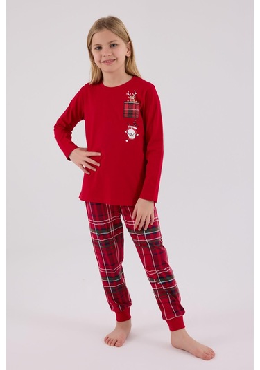 Arnetta Kız Çocuk Aile %100 Pamuklu 4 Mesim New Year Uzun Kollu Pijama Takım Kırmızı