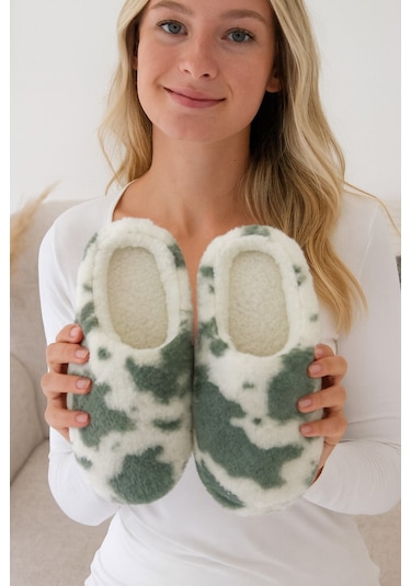 Puffy Kadın Ev Terliği Kışlık Terlik Kauçuk Ses Yapmaz Taban Yeşil
