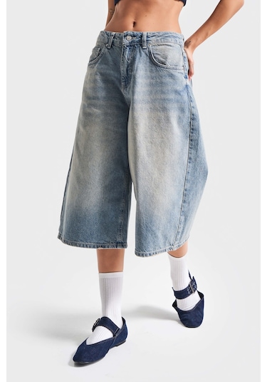 Itsbasic Kadın T.kot Rengi 2s5-84 Süper Baggy Fit Maxi Boy %100 Koton Denim Şort Tint Kot Rengi