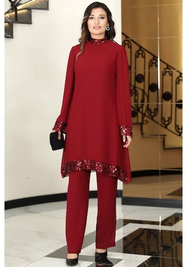 Umay Şifon Tunik Pantolon İkili Tesettür Takım Bordo Bordo