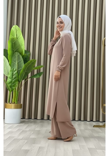 Tesettür İkili Takım Uzun Tunik Bol Paça Pantolon 4006-bej Bej Tesettür İkili Takım Uzun Tunik Bol Paça Pantolon 4006-bej Bej