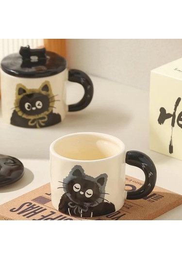 Tenfowee Kedi Desenli Seramik Bardak - Gri Renk 370ml - Dayanıklı Kahve/çay Bardağı - Ev/ofis Kullanıma Uygun Gri