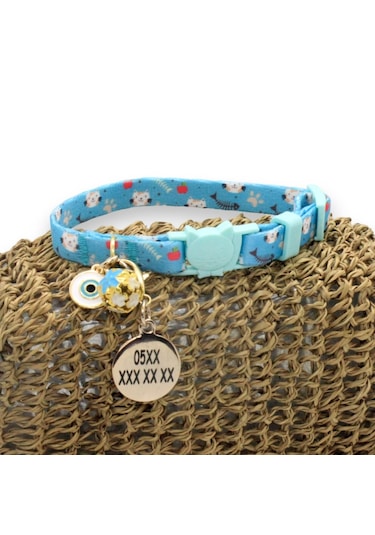 Caramelos Güvenlik Kilitli Kedi Tasması İsimli Kedi Tasması Mavi