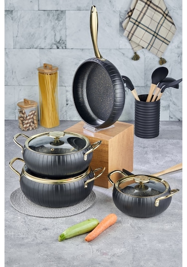 Cooker 7 Parça Granit Tencere Tava Seti Siyah