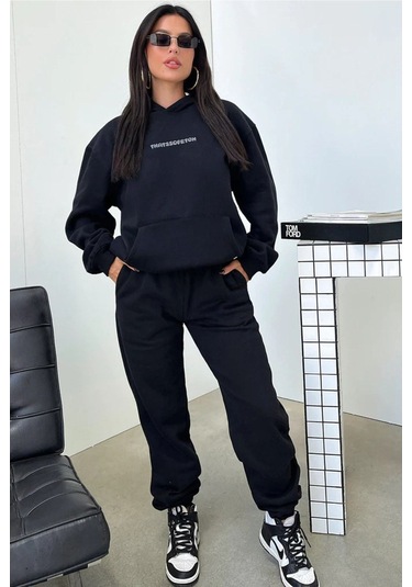 Thatssofetch Eşofman Takımı Sweatshirt Jogger - Siyah Baskılı Oversize Şardonlu Kapüşonlu Koyu Siyah-265251