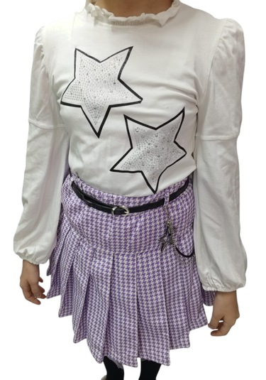 Kız Çocuk Deri Detaylı Lila Renk Üçlü Etekli Takım Lila