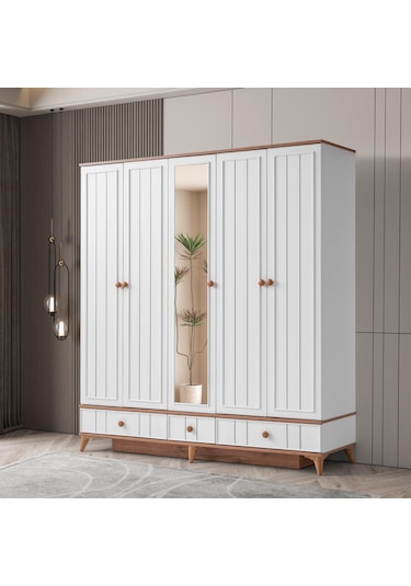 Beenal Sıla 5 Kapaklı Gardırop Çekmeceli Dolap 192cm. Beyaz-a.çam