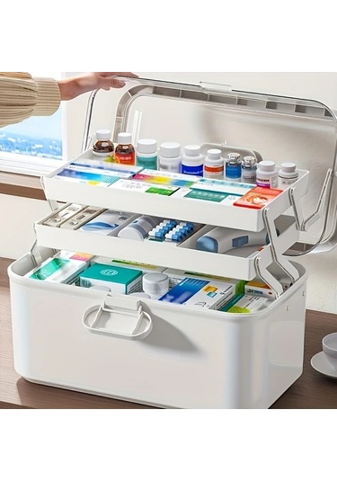 Xuweiwei 1 Adet Beyaz 3 Katlı Taşınabilir İlaç Organizer Kutusu Elle Tutma Kolu Çoklu Bölümlü Plastik Kapaklı Ev Tıbbi Depolama Kutusu Altın